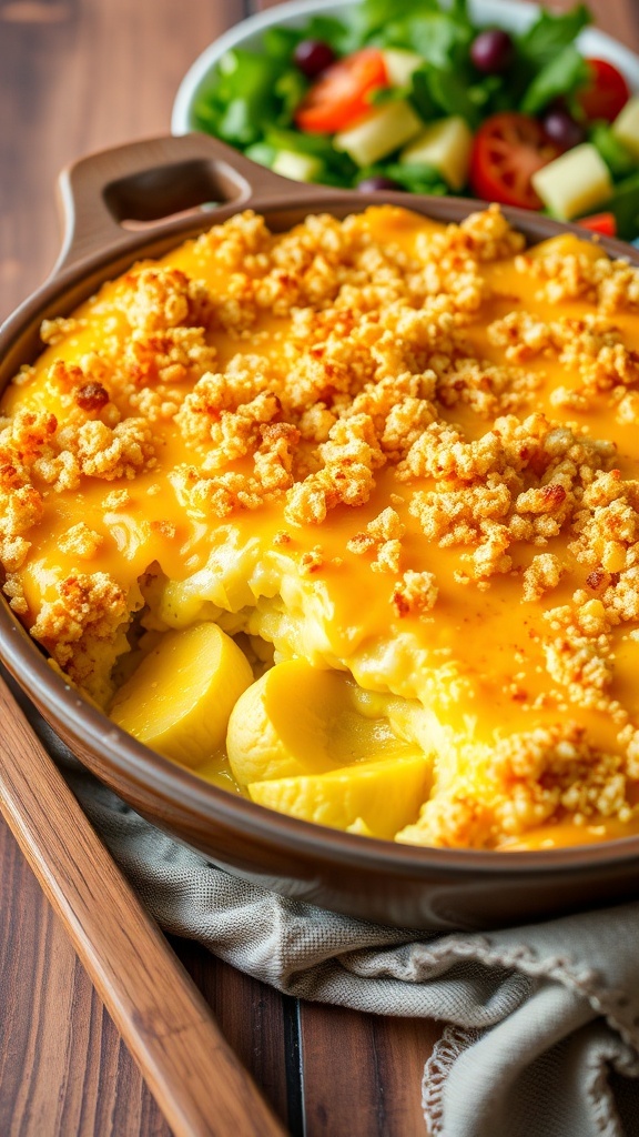 Cheesy yellow squash casserole with breadcrumb topping in a rustic dish, served with a salad.